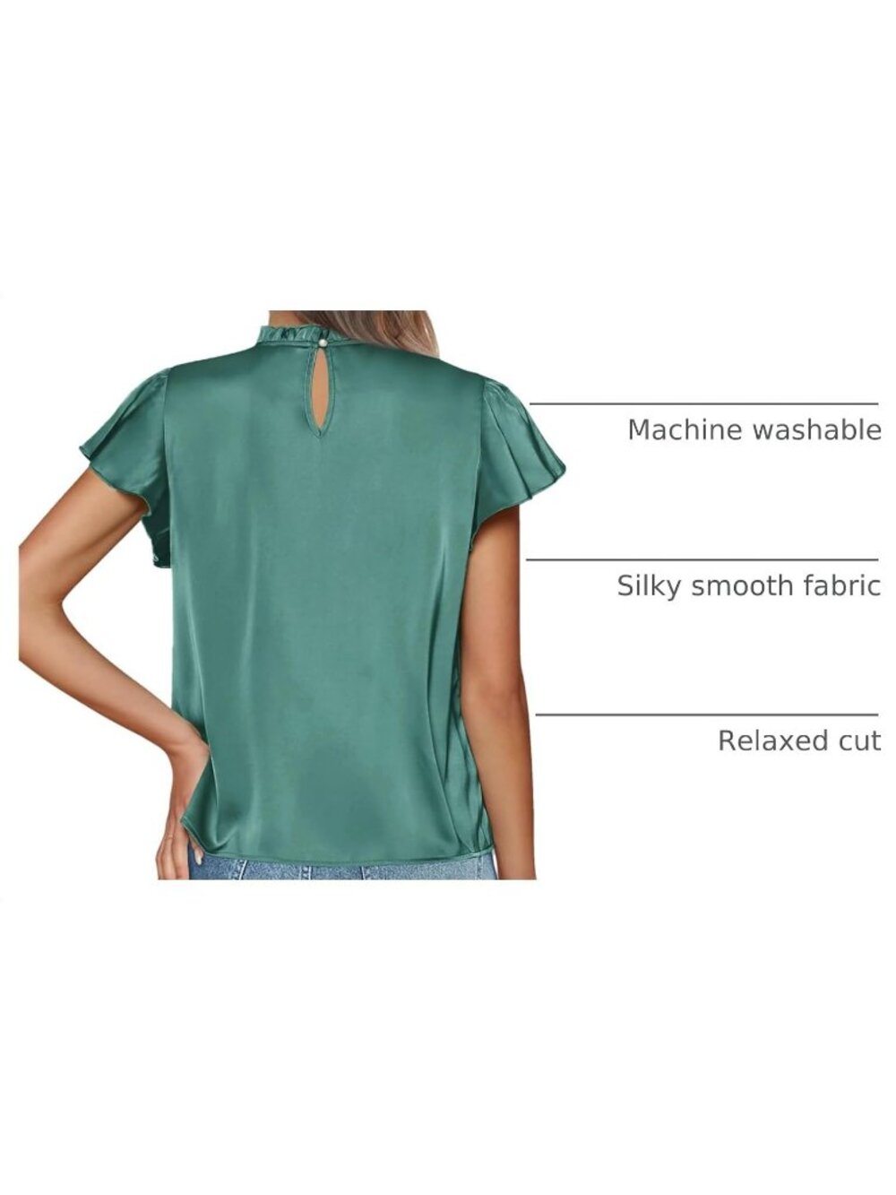 Women's Aqua Green Satin Blouse Ruffled Neck Flutter Sleeve Office Work Silk Top - Picture 4 of 6
